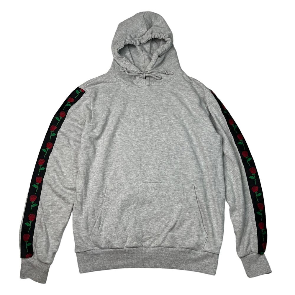 Forever 21 F21 Rose Stripe Sleeve Pullover Hoodie Sweatshirt Grey Mens Large